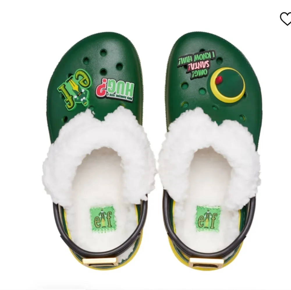 CROCS Green Kids Slippers with White Fleece - Picture 1 of 6